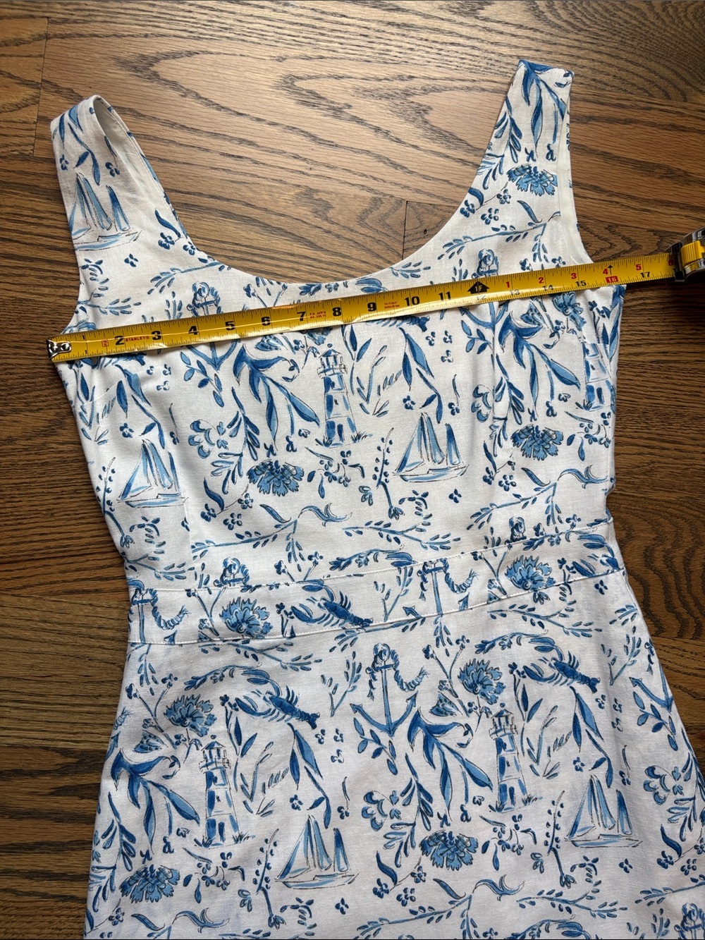 Kiel James Patrick Linen & Cotton Blue and White Nautical Chinoiserie Dress, 0 - Picture 6 of 9